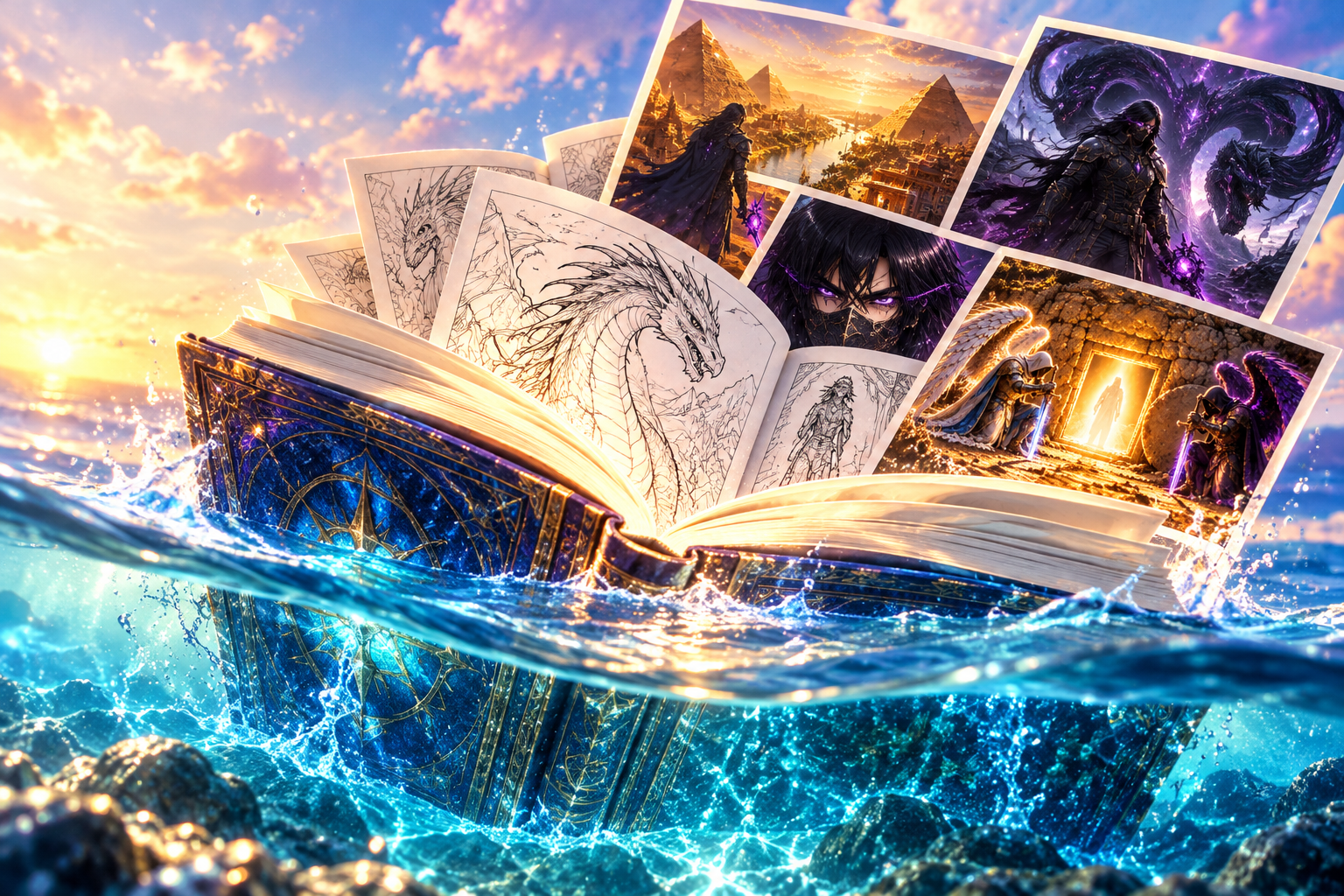 Blue and gold book emerging from turquoise water, with coloring illustrations and fantasy comic panels