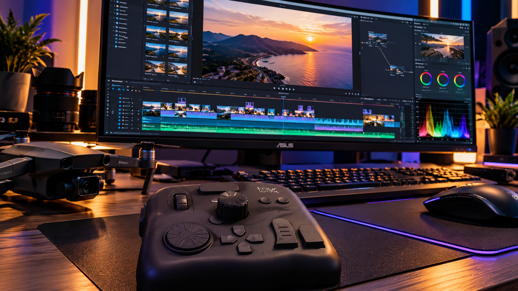 Professional video editing workstation with an ASUS monitor, TourBox console and drone