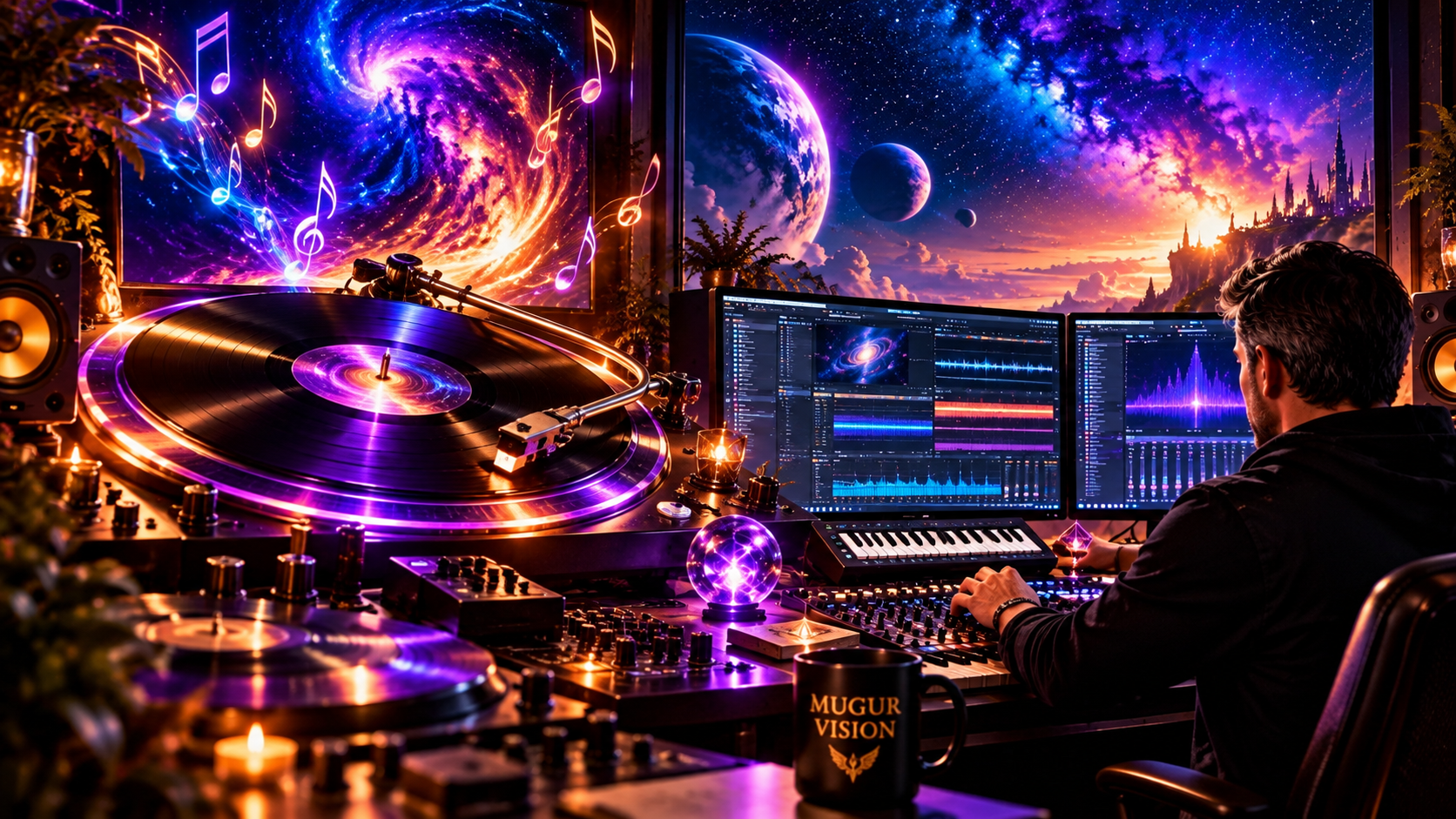 Mugur Vision retro-futuristic cosmic music studio with vinyl records, instruments and a fantasy landscape